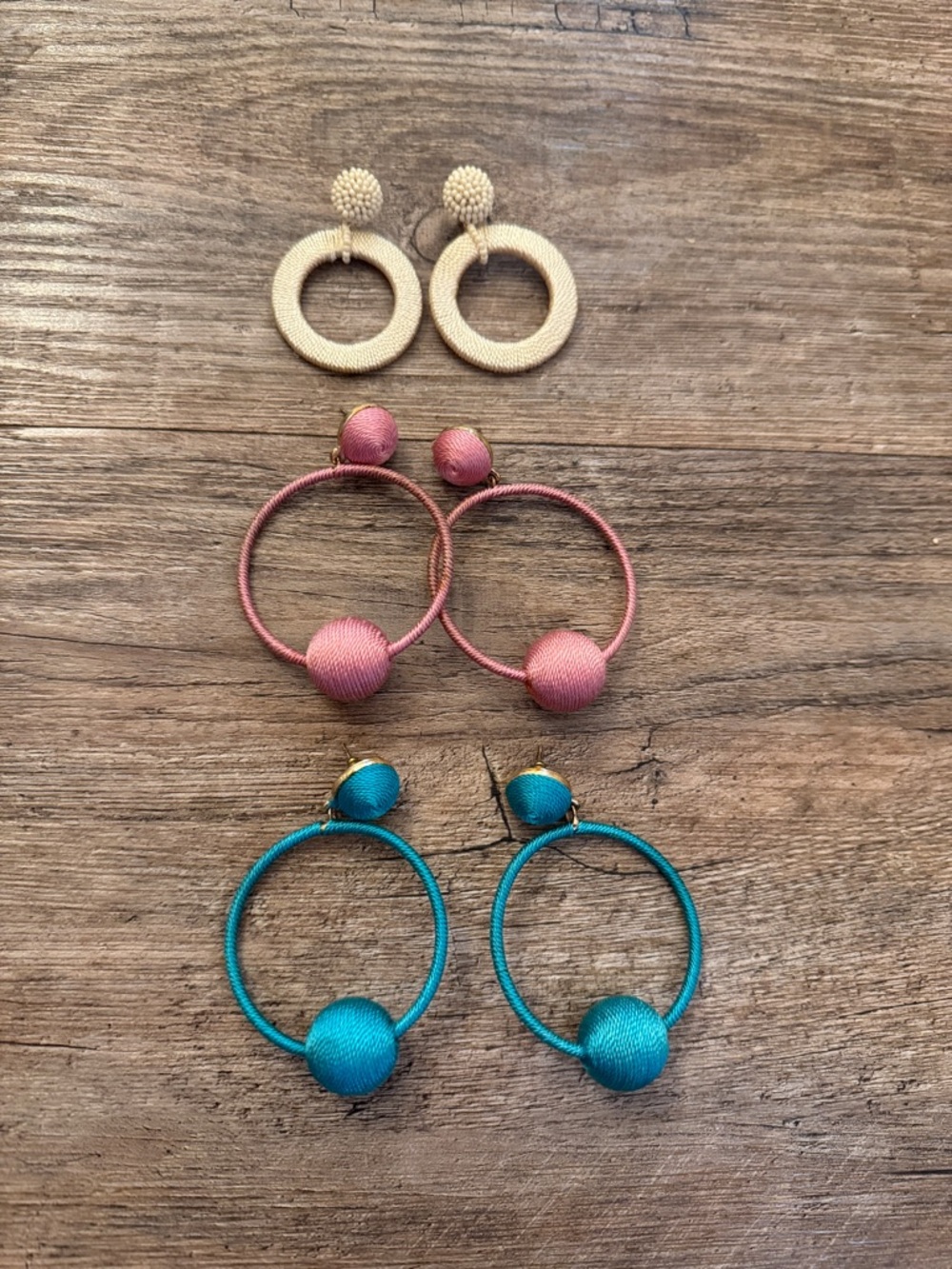 Textured Hoop Drop Earrings in Cream, Pink, and Teal